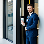 A professional, confident man in a modest, well-fitted business suit stands at the elegant glass entrance of a modern, brightly lit office building. He extends a welcoming hand, embodying the quick and efficient delivery of static content. Around him, the architecture is clean and precise, with clear signage representing HTML, and sleek, minimalist design elements symbolizing CSS. His posture is open and inviting, reflecting high availability and rapid response.
    *   `fully clothed`, `modest clothing`, `appropriate attire`, `professional dress`, `safe for work`, `appropriate content`, `perfect anatomy`, `correct proportions`, `natural pose`, `well-formed hands`, `proper finger count`, `natural body proportions`, `professional photography`, `high quality`