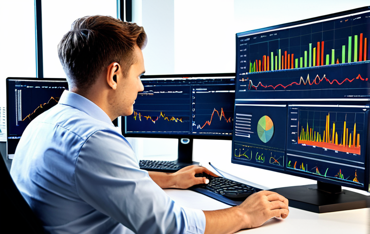**

A data analyst, fully clothed in professional attire, working at a brightly lit desk with multiple monitors displaying charts and graphs of website traffic. The background shows a clean, modern office environment. Perfect anatomy, correct proportions, well-formed hands, proper finger count. Safe for work, appropriate content, professional, modest, family-friendly.

**