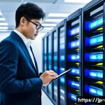 서버 백업 전략 및 도구 - A modern Japanese office server room with sleek racks of servers glowing softly under ambient LED li...