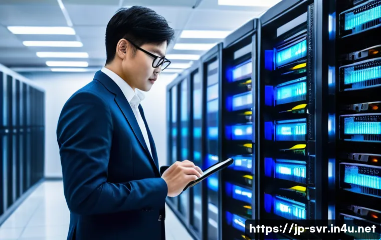 서버 백업 전략 및 도구 - A modern Japanese office server room with sleek racks of servers glowing softly under ambient LED li...