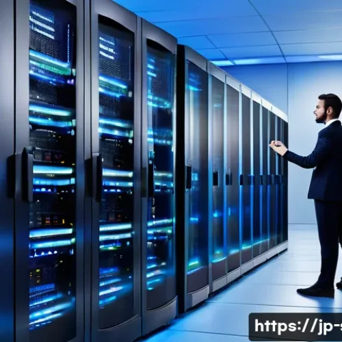 VPS와 전용 서버의 차이 - A modern server room interior showcasing multiple racks of physical servers with blinking LED lights...