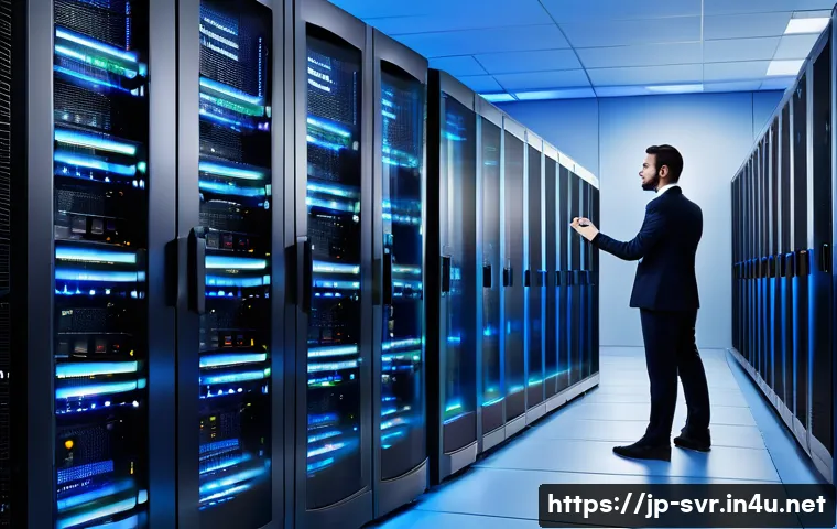 VPS와 전용 서버의 차이 - A modern server room interior showcasing multiple racks of physical servers with blinking LED lights...