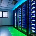 CentOS와 Ubuntu 서버 비교 - A modern Japanese office server room with sleek racks of servers labeled "CentOS Stream" and "Ubuntu...