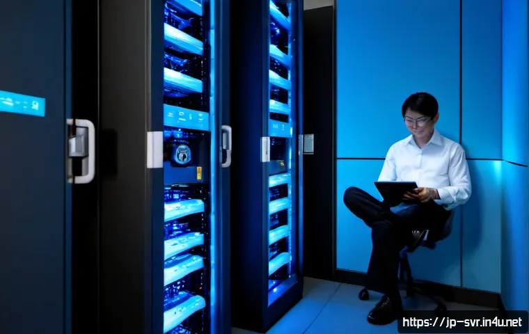 서버 데이터 암호화 방법 - Photorealistic modern Japanese data center, secure server racks with softly glowing blue status ligh...